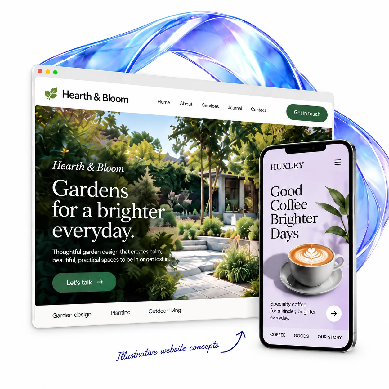 Hearth & Bloom garden website and Huxley coffee mobile website with an iridescent blue ribbon